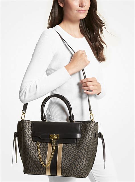 michael kors 30f7ghms7e-532|Hamilton Legacy Large Metallic Logo Stripe Belted Satchel.